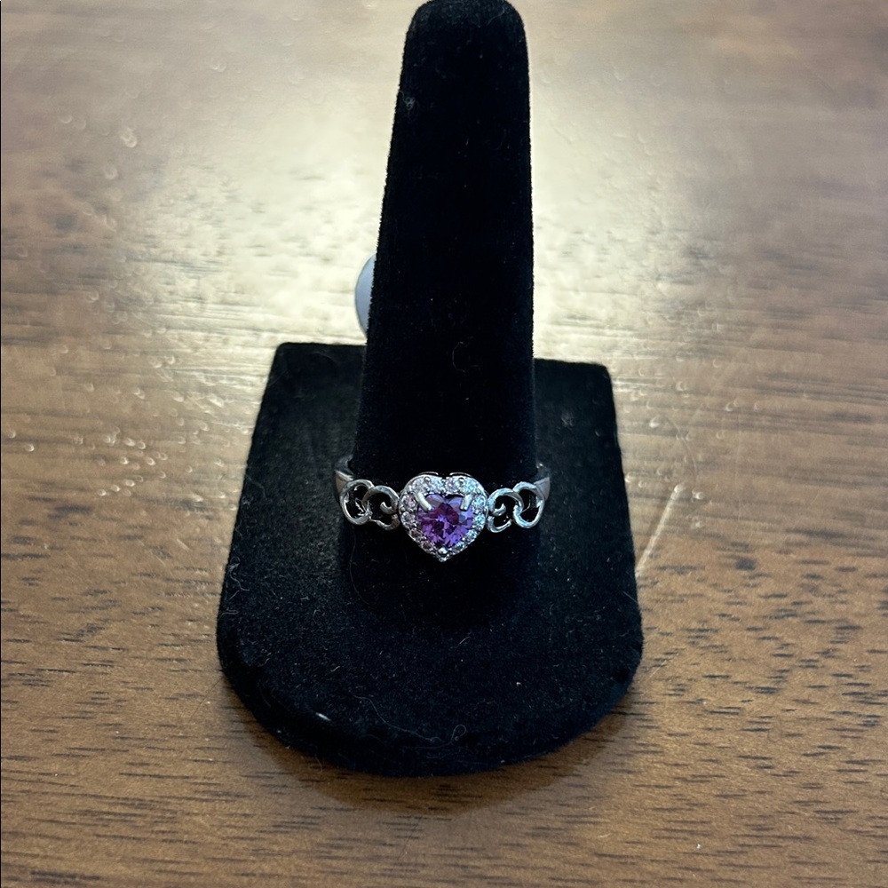 Silver Heart Costume Ring with Purple Gem